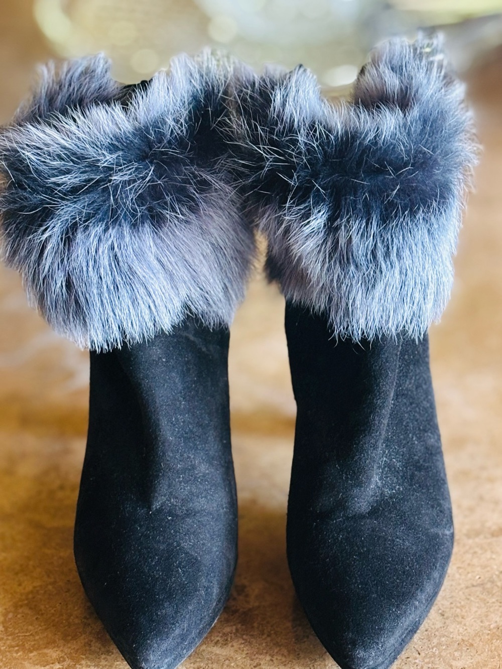 Stuart Weitzman Black Suede Ankle Boots with Gray Faux-Fur Cuff